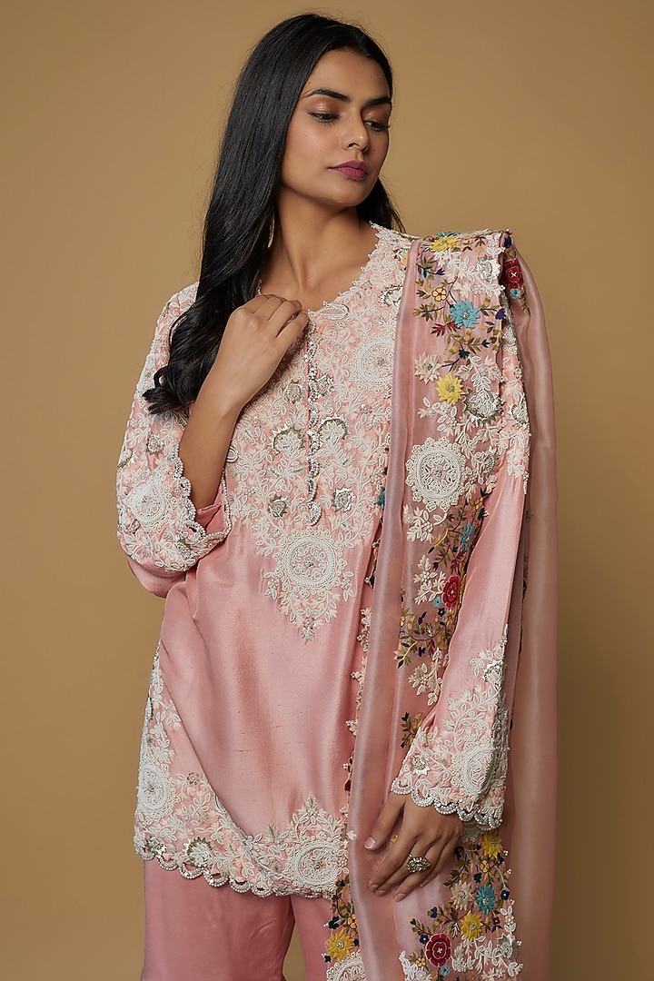 Pink Silk & Organza Embroidered Gharara Set by Minaxi Dadoo at Pernia's Pop Up Shop