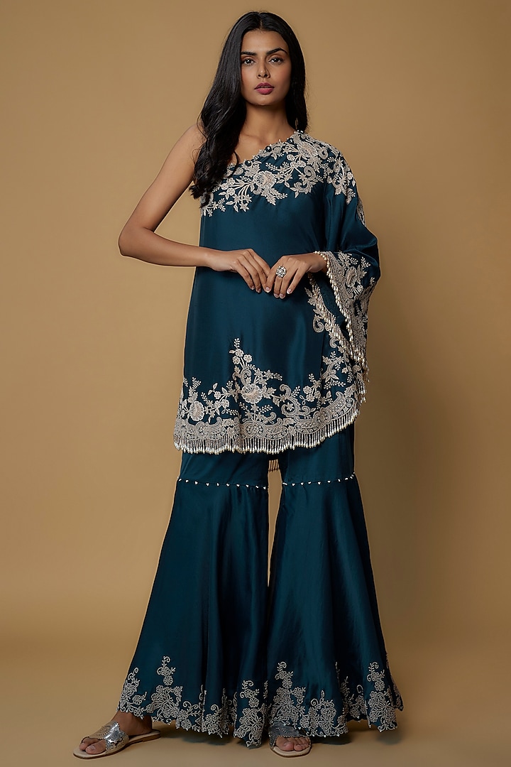 Peacock Blue Organza Embroidered Gharara Set by Minaxi Dadoo at Pernia's Pop Up Shop