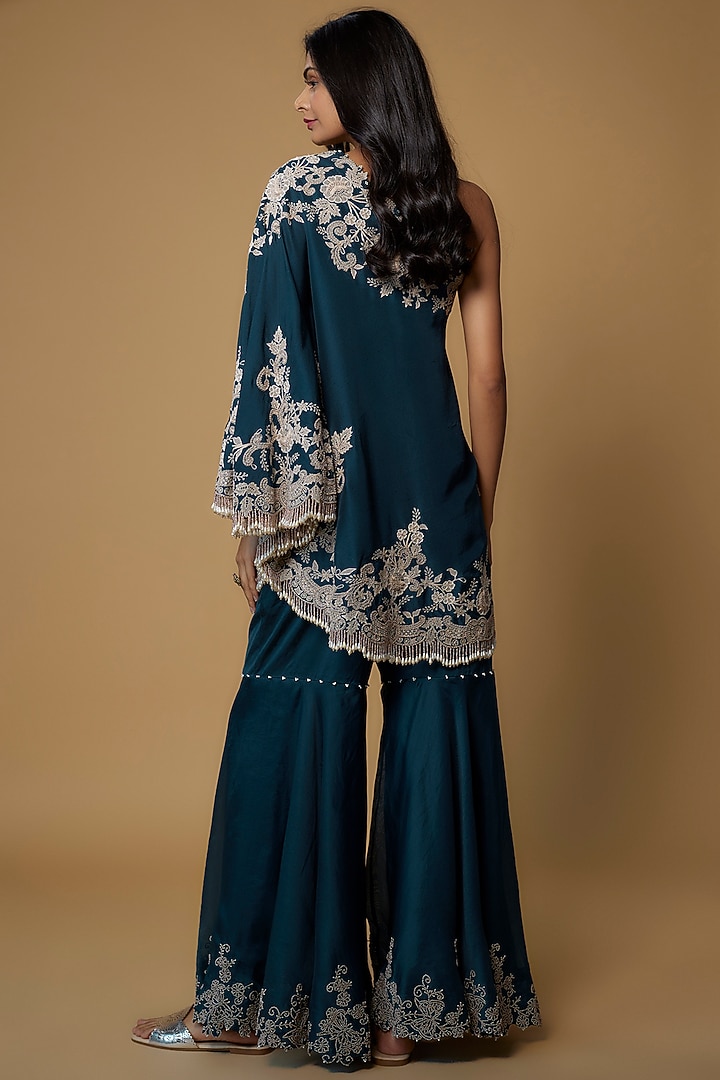 Peacock Blue Organza Embroidered Gharara Set by Minaxi Dadoo at Pernia's Pop Up Shop