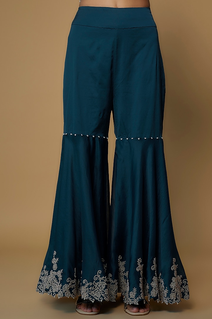 Peacock Blue Organza Embroidered Gharara Set by Minaxi Dadoo at Pernia's Pop Up Shop