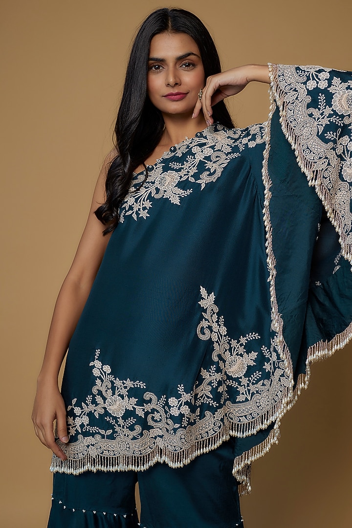 Peacock Blue Organza Embroidered Gharara Set by Minaxi Dadoo at Pernia's Pop Up Shop