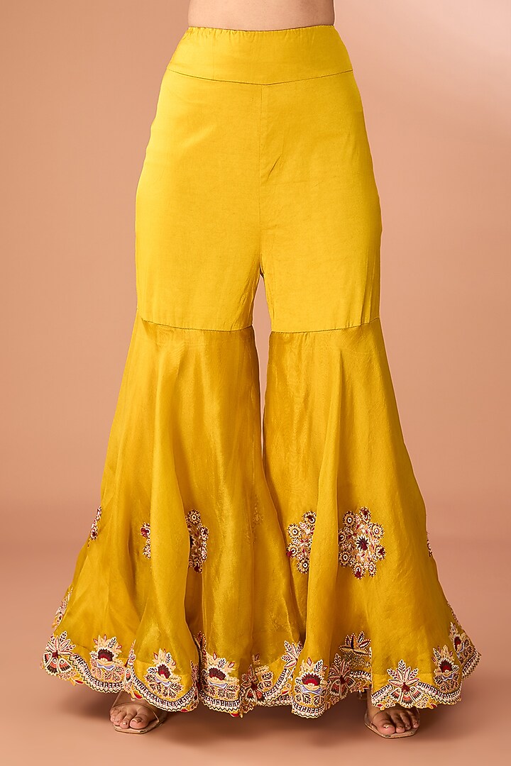 Mango Yellow Silk & Organza Thread Embroidered Gharara Set by Minaxi Dadoo at Pernia's Pop Up Shop