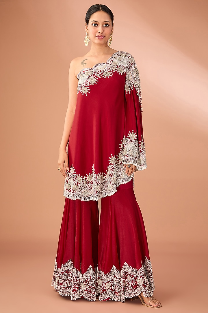 Red Silk & Organza Pearl Embroidered Gharara Set by Minaxi Dadoo at Pernia's Pop Up Shop