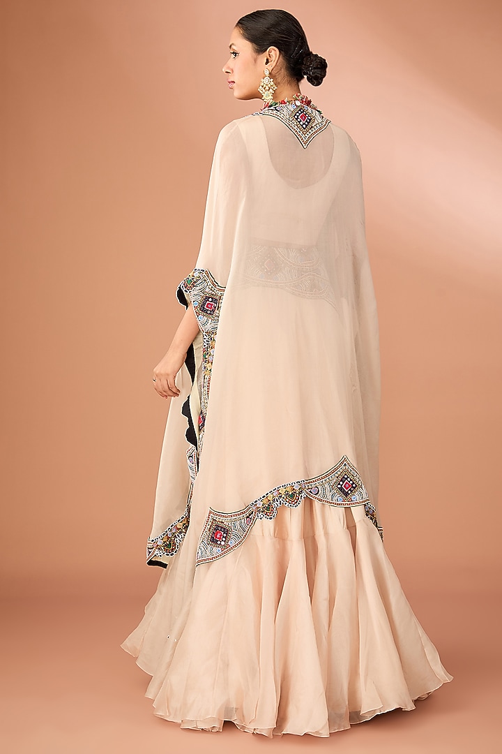 Beige Silk & Organza Embroidered Butterfly Cape Set by Minaxi Dadoo at Pernia's Pop Up Shop