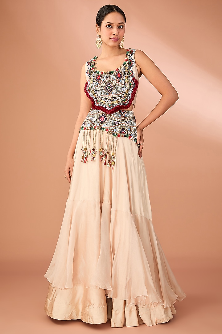 Beige Silk & Organza Embroidered Butterfly Cape Set by Minaxi Dadoo at Pernia's Pop Up Shop