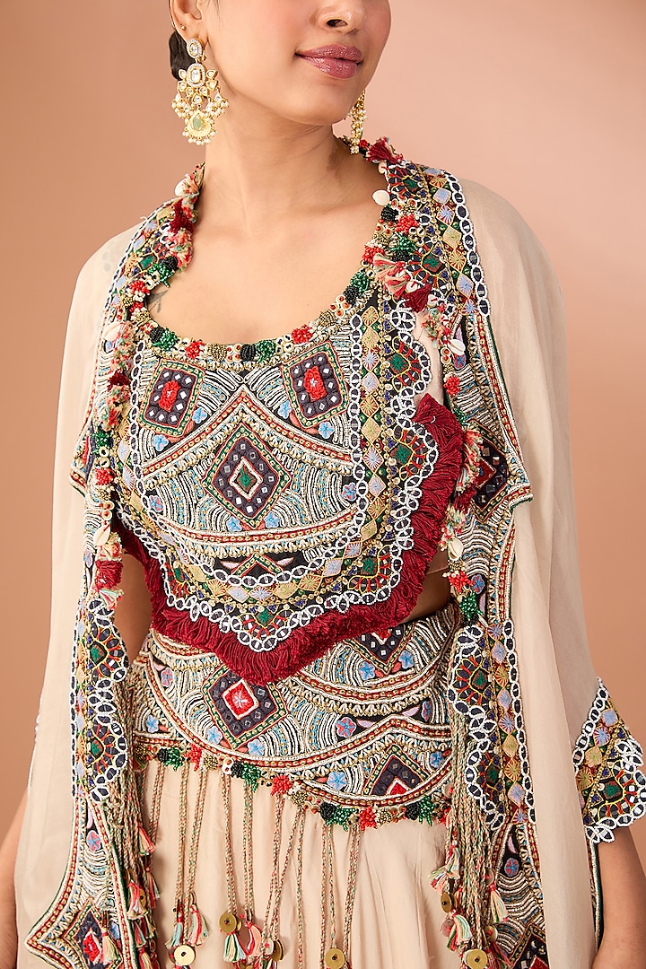 Beige Silk & Organza Embroidered Butterfly Cape Set by Minaxi Dadoo at Pernia's Pop Up Shop
