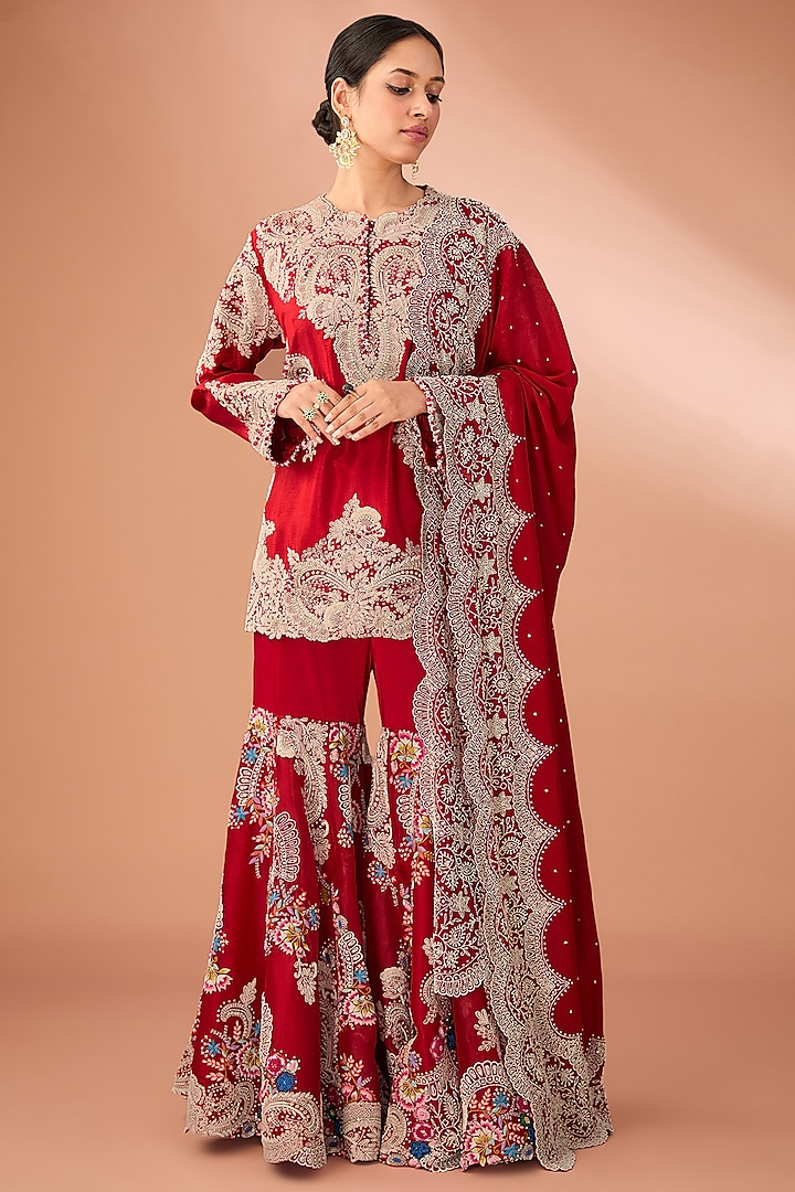 Red Silk & Organza Jaal Embroidered Gharara Set by Minaxi Dadoo at Pernia's Pop Up Shop