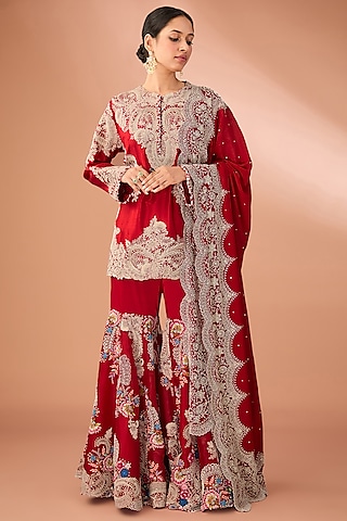 Red Silk & Organza Jaal Embroidered Gharara Set by Minaxi Dadoo