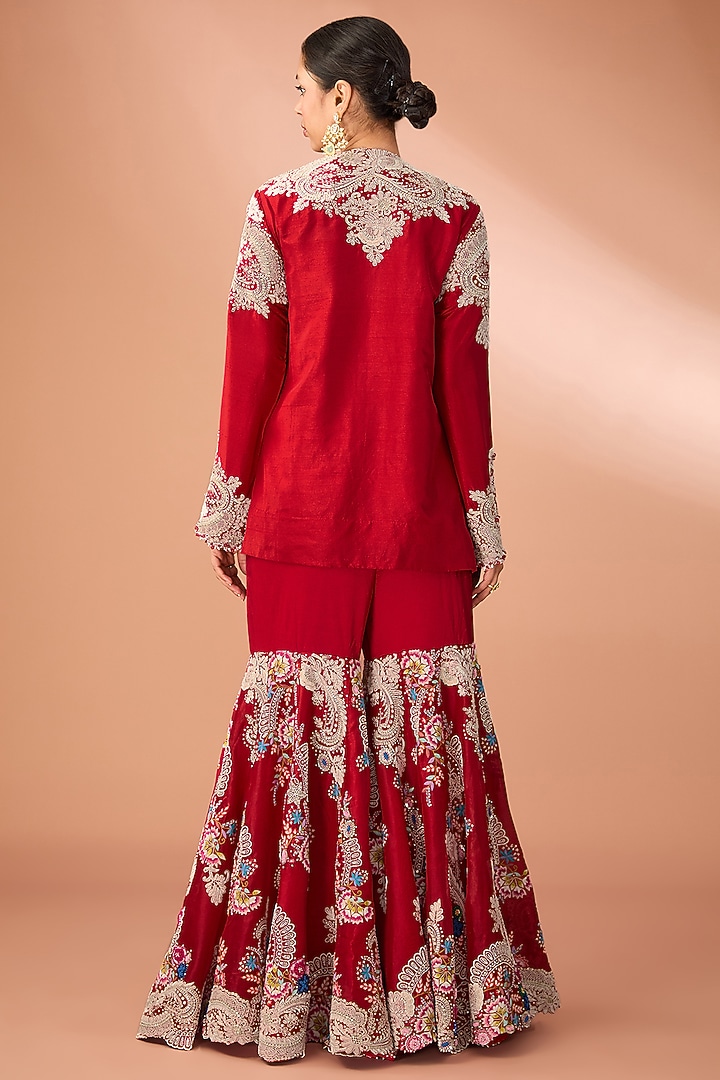 Red Silk & Organza Jaal Embroidered Gharara Set by Minaxi Dadoo at Pernia's Pop Up Shop