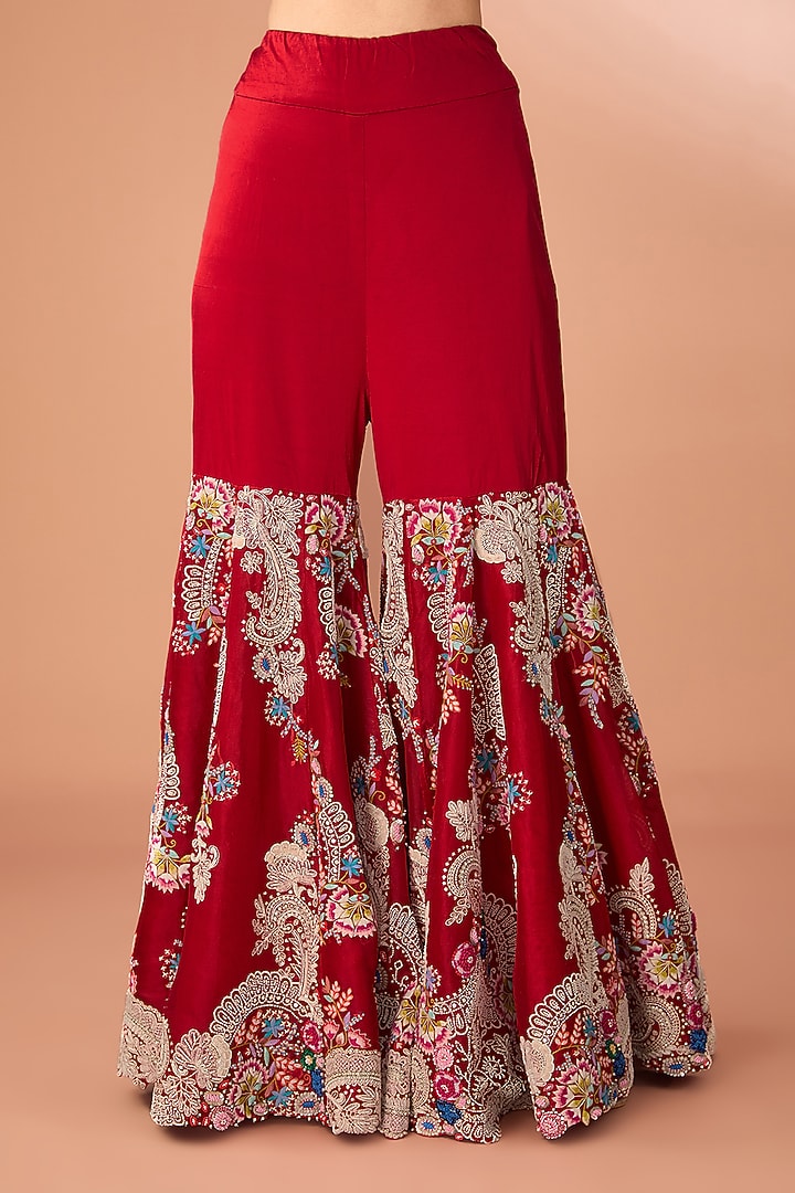Red Silk & Organza Jaal Embroidered Gharara Set by Minaxi Dadoo at Pernia's Pop Up Shop