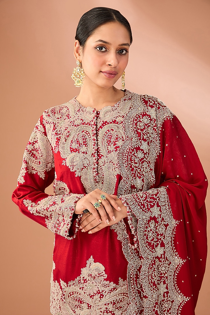 Red Silk & Organza Jaal Embroidered Gharara Set by Minaxi Dadoo at Pernia's Pop Up Shop