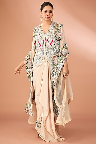 Beige Organza Pearl Embroidered Butterfly Cape Set by Minaxi Dadoo