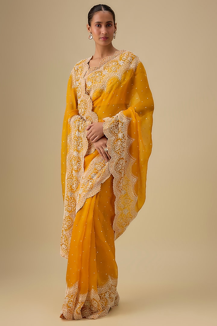 Yellow Organza Reception Saree Set by Minaxi Dadoo at Pernia's Pop Up Shop