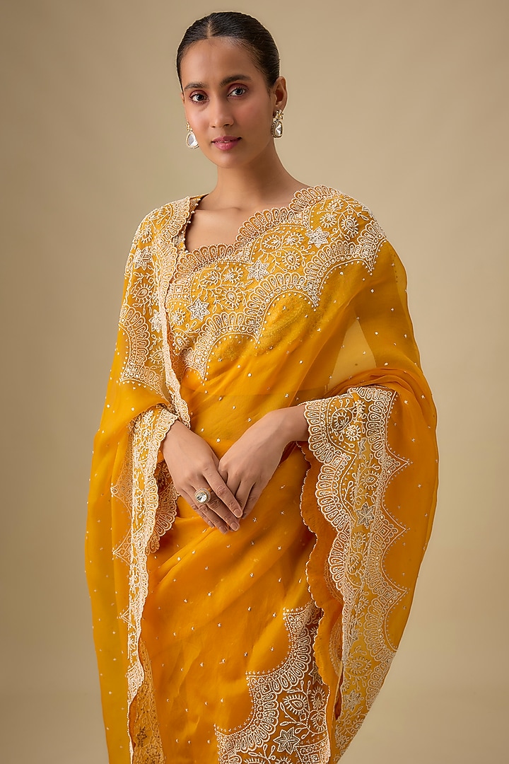 Yellow Organza Reception Saree Set by Minaxi Dadoo at Pernia's Pop Up Shop