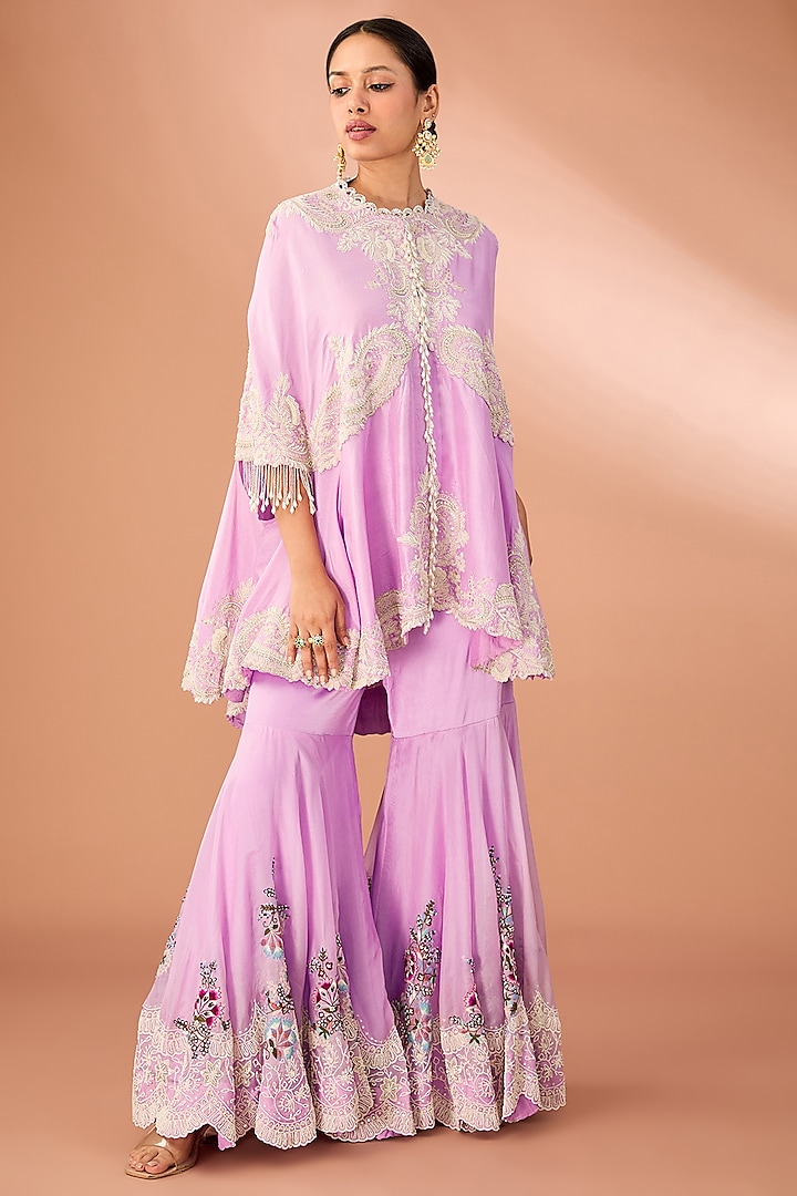 Lavender Silk & Organza Thread Embroidered Gharara Set by Minaxi Dadoo at Pernia's Pop Up Shop