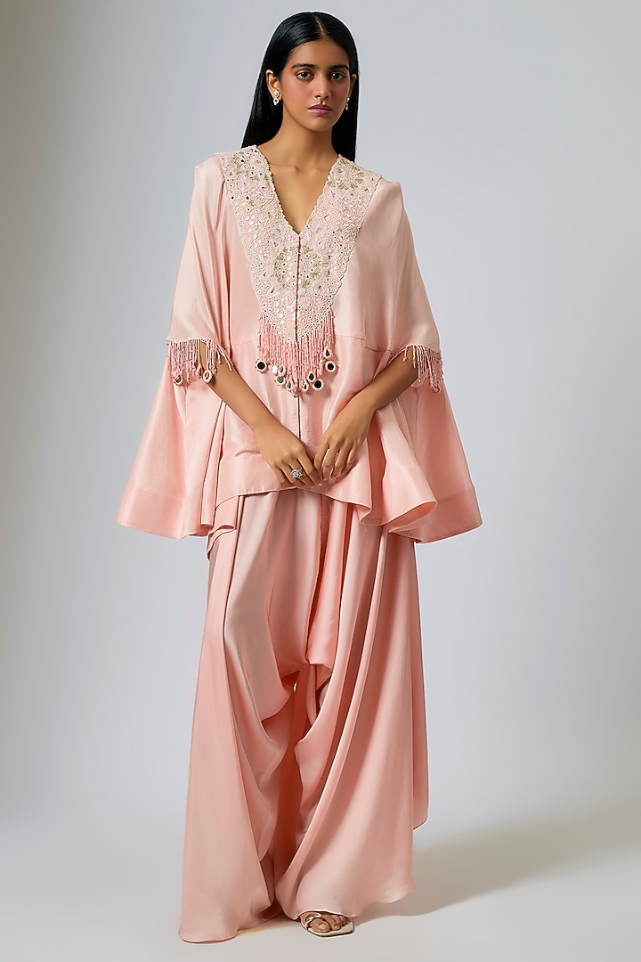 Pink Dupion Silk Mirror Work Ariya Cape Set by Minaxi Dadoo at Pernia's Pop Up Shop