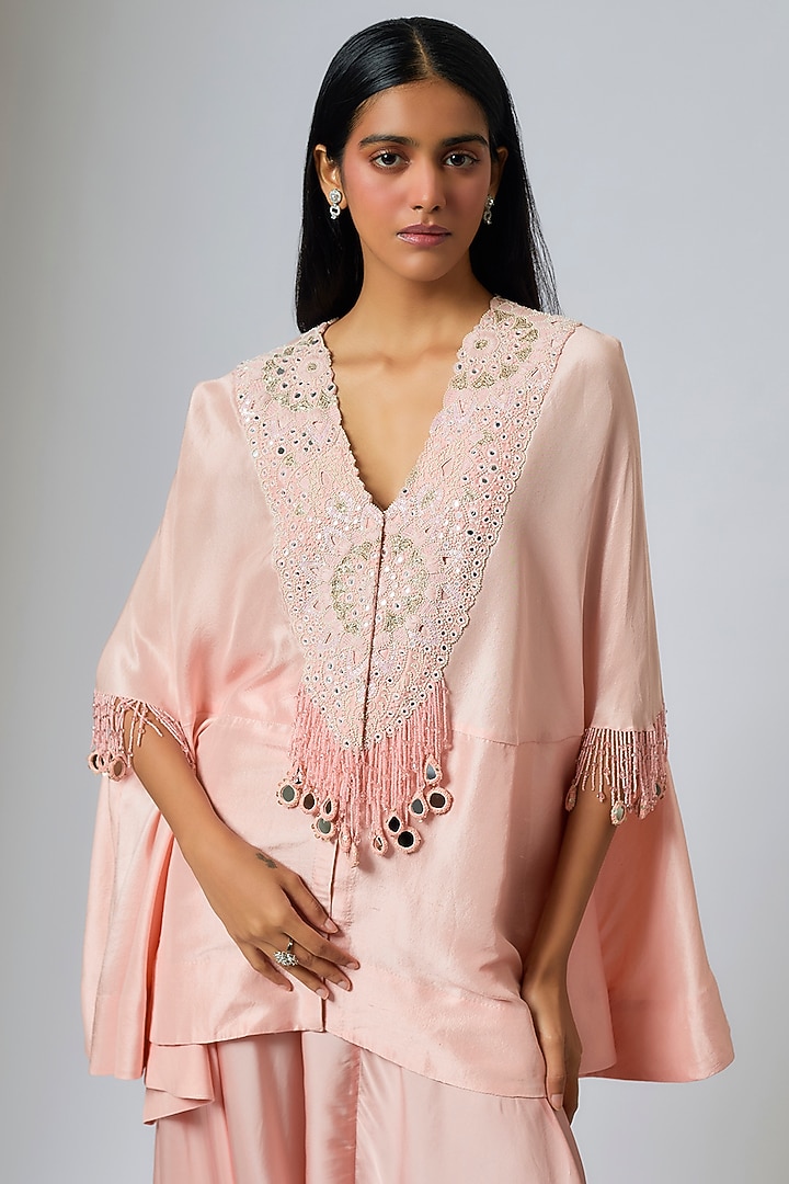 Pink Dupion Silk Mirror Work Ariya Cape Set by Minaxi Dadoo at Pernia's Pop Up Shop
