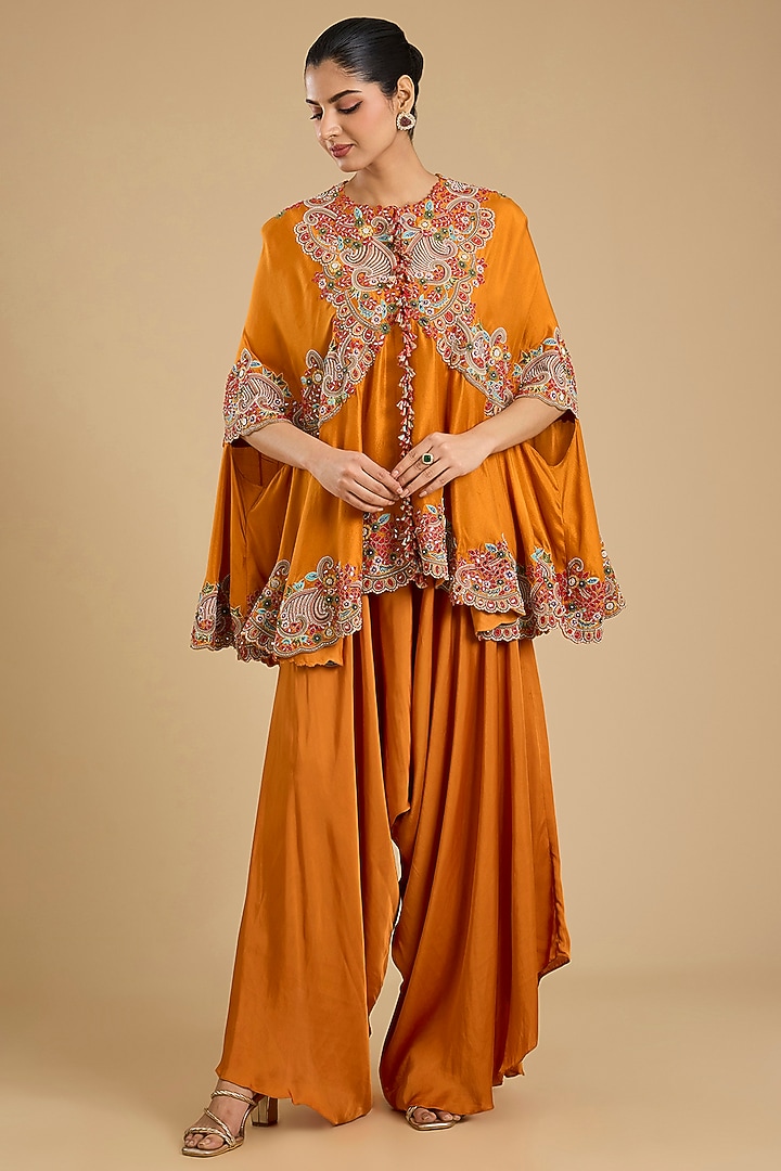 Rust Orange Dupion Silk Mirror Work Cape Set by Minaxi Dadoo at Pernia's Pop Up Shop