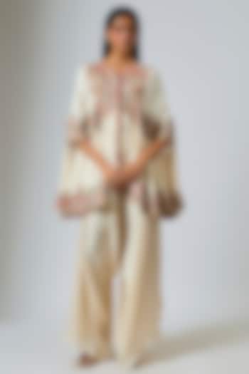 Ivory Dupion Silk Mirror Work Ariya Cape Set by Minaxi Dadoo at Pernia's Pop Up Shop