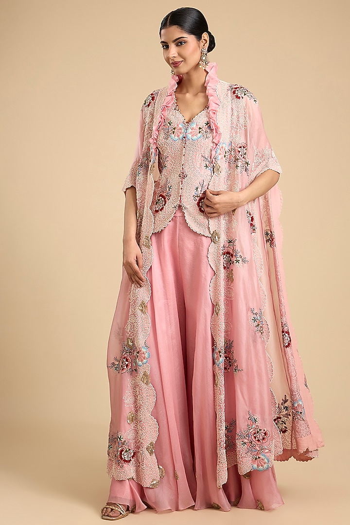 Pink Silk & Organza Floral Jaal Work Cape Set by Minaxi Dadoo at Pernia's Pop Up Shop