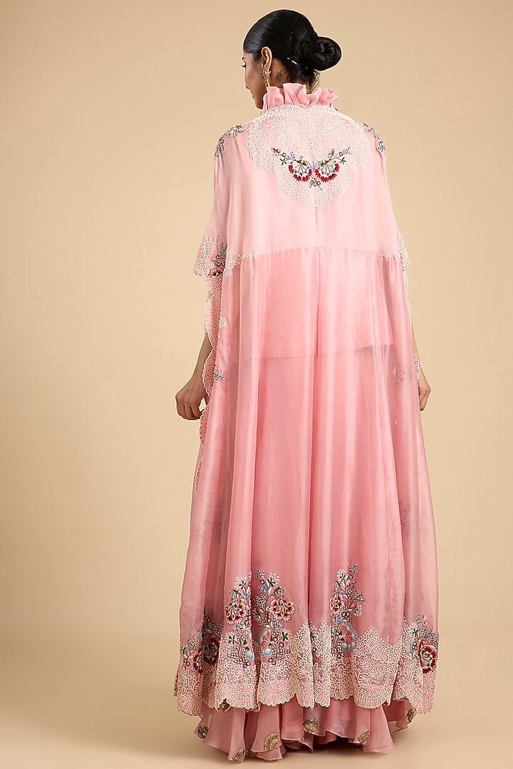 Pink Silk & Organza Floral Jaal Work Cape Set by Minaxi Dadoo at Pernia's Pop Up Shop