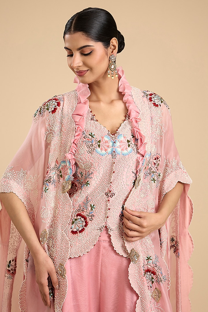 Pink Silk & Organza Floral Jaal Work Cape Set by Minaxi Dadoo at Pernia's Pop Up Shop