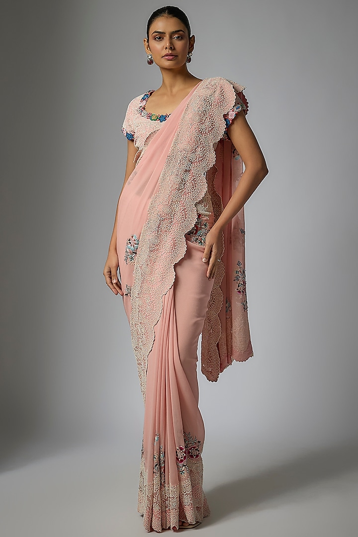 Pink Chiffon Reception Saree Set by Minaxi Dadoo at Pernia's Pop Up Shop