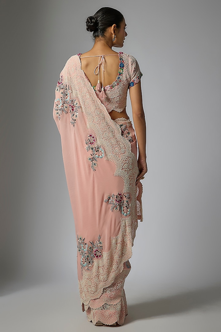 Pink Chiffon Reception Saree Set by Minaxi Dadoo at Pernia's Pop Up Shop