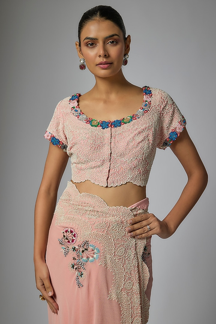 Pink Chiffon Reception Saree Set by Minaxi Dadoo at Pernia's Pop Up Shop