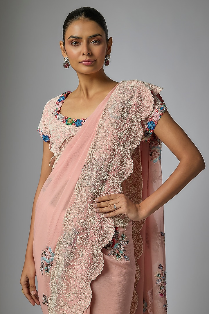 Pink Chiffon Reception Saree Set by Minaxi Dadoo at Pernia's Pop Up Shop