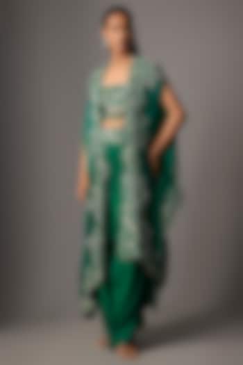 Green Organza Mirror Embroidered Cape Set by Minaxi Dadoo at Pernia's Pop Up Shop