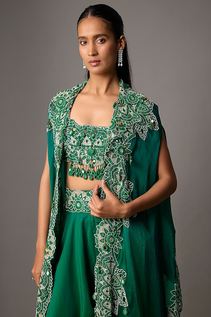Green Organza Mirror Embroidered Cape Set by Minaxi Dadoo at Pernia's Pop Up Shop