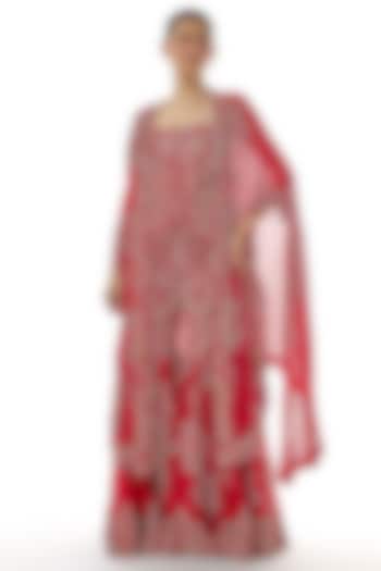 Deep Red Organza Embroidered Gharara Set by Minaxi Dadoo at Pernia's Pop Up Shop