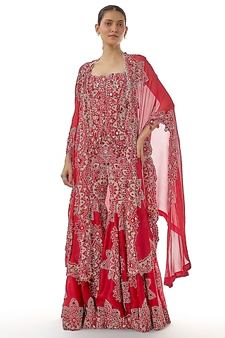 Deep Red Organza Embroidered Gharara Set by Minaxi Dadoo
