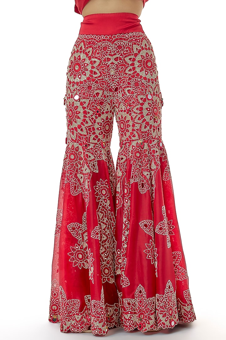 Deep Red Organza Embroidered Gharara Set by Minaxi Dadoo at Pernia's Pop Up Shop