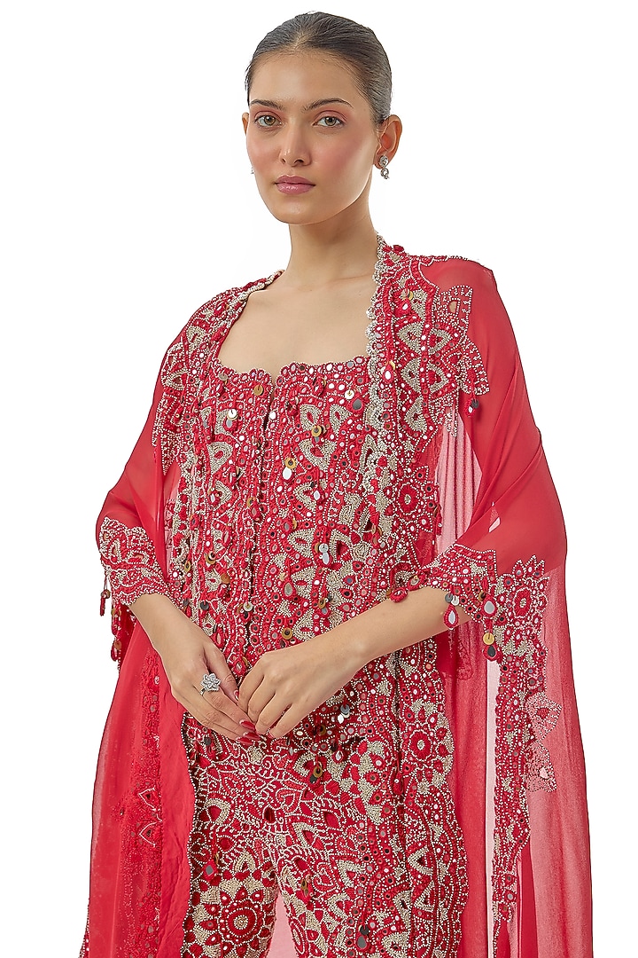 Deep Red Organza Embroidered Gharara Set by Minaxi Dadoo at Pernia's Pop Up Shop