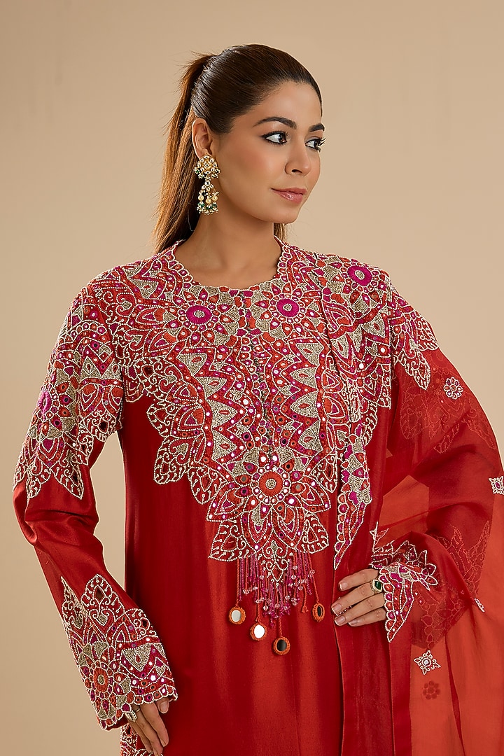 Red Habutai Silk Kurta Set by Minaxi Dadoo at Pernia's Pop Up Shop