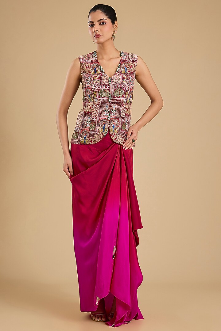 Rani Pink Silk Pick-Up Skirt Set by Minaxi Dadoo at Pernia's Pop Up Shop