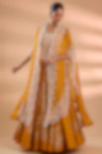 Mango Yellow Organza Pearl Work Cape Set by Minaxi Dadoo at Pernia's Pop Up Shop