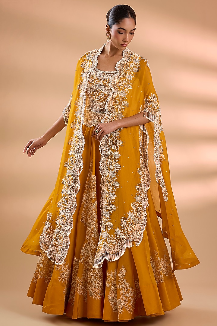 Mango Yellow Organza Pearl Work Cape Set by Minaxi Dadoo at Pernia's Pop Up Shop