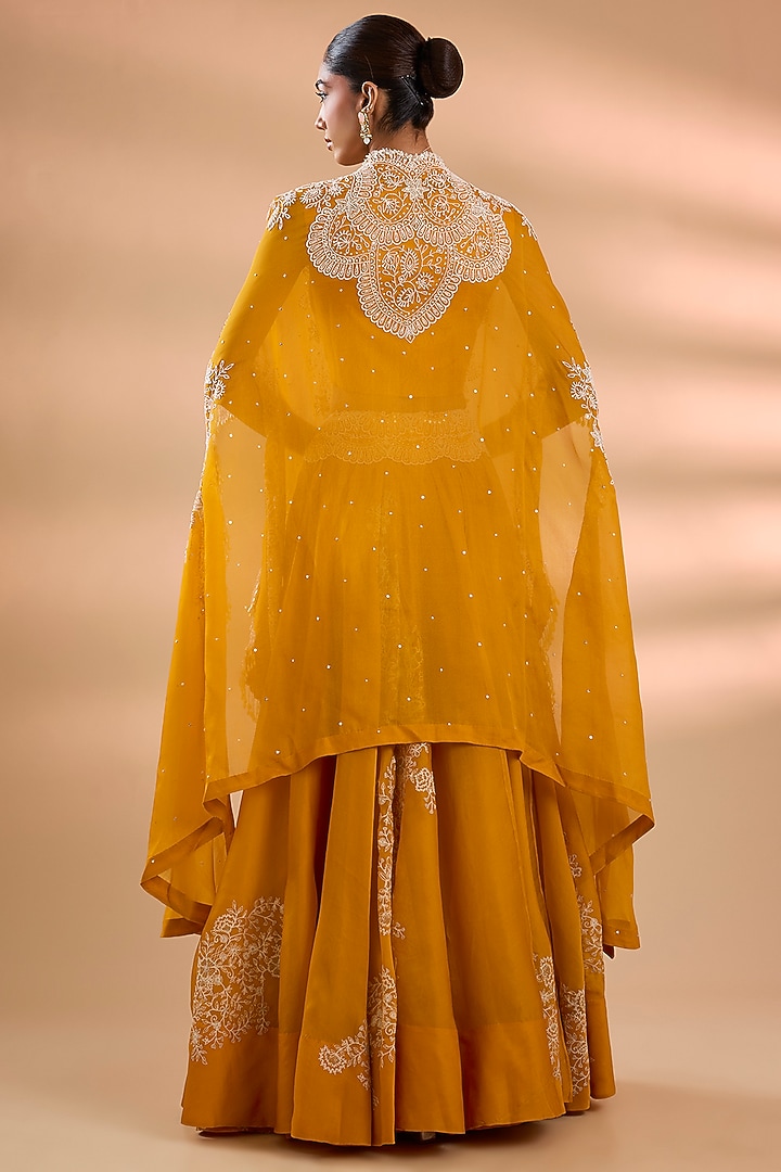 Mango Yellow Organza Pearl Work Cape Set by Minaxi Dadoo at Pernia's Pop Up Shop