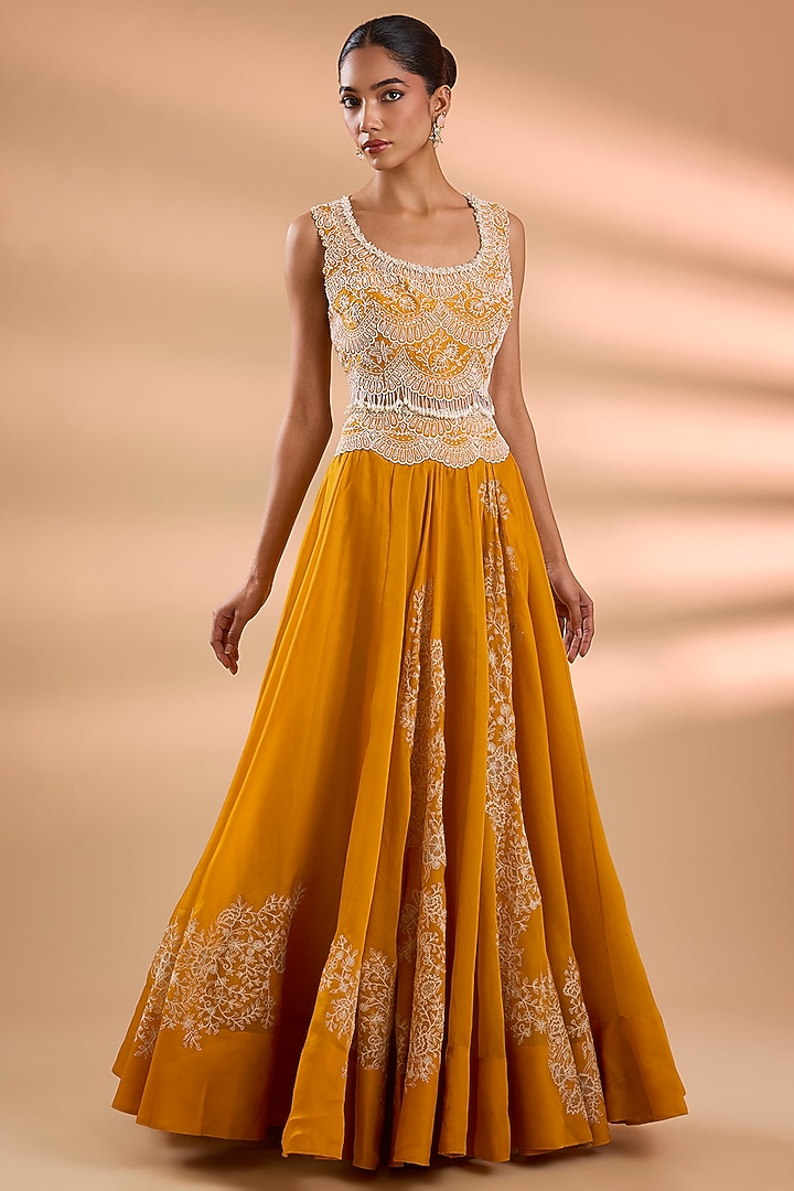 Mango Yellow Organza Pearl Work Cape Set by Minaxi Dadoo at Pernia's Pop Up Shop