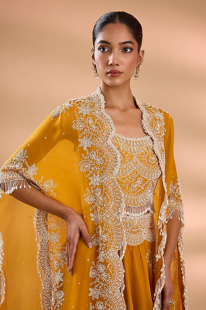 Mango Yellow Organza Pearl Work Cape Set by Minaxi Dadoo at Pernia's Pop Up Shop