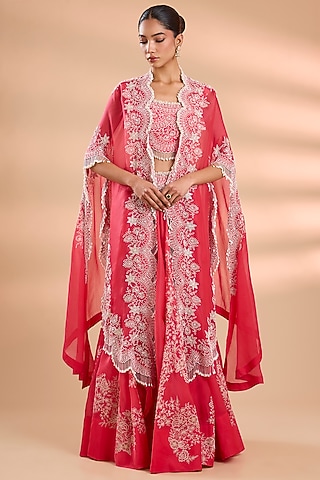 Gajri Pink Chanderi Embroidered Skirt Set by Minaxi Dadoo