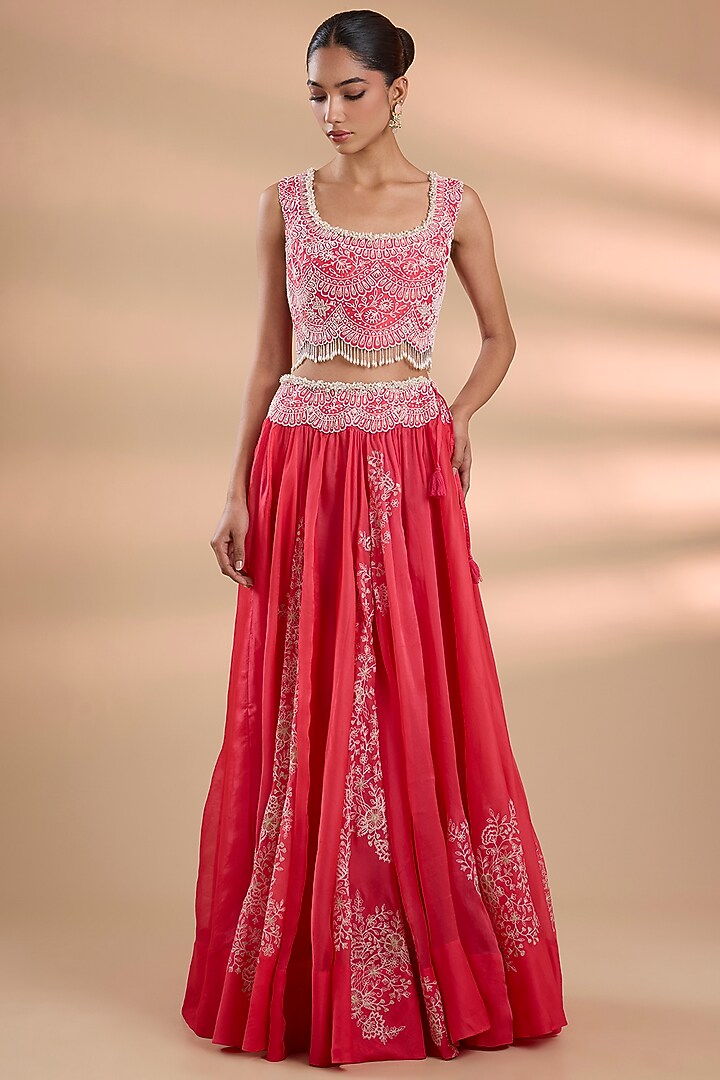Gajri Pink Chanderi Embroidered Skirt Set by Minaxi Dadoo at Pernia's Pop Up Shop