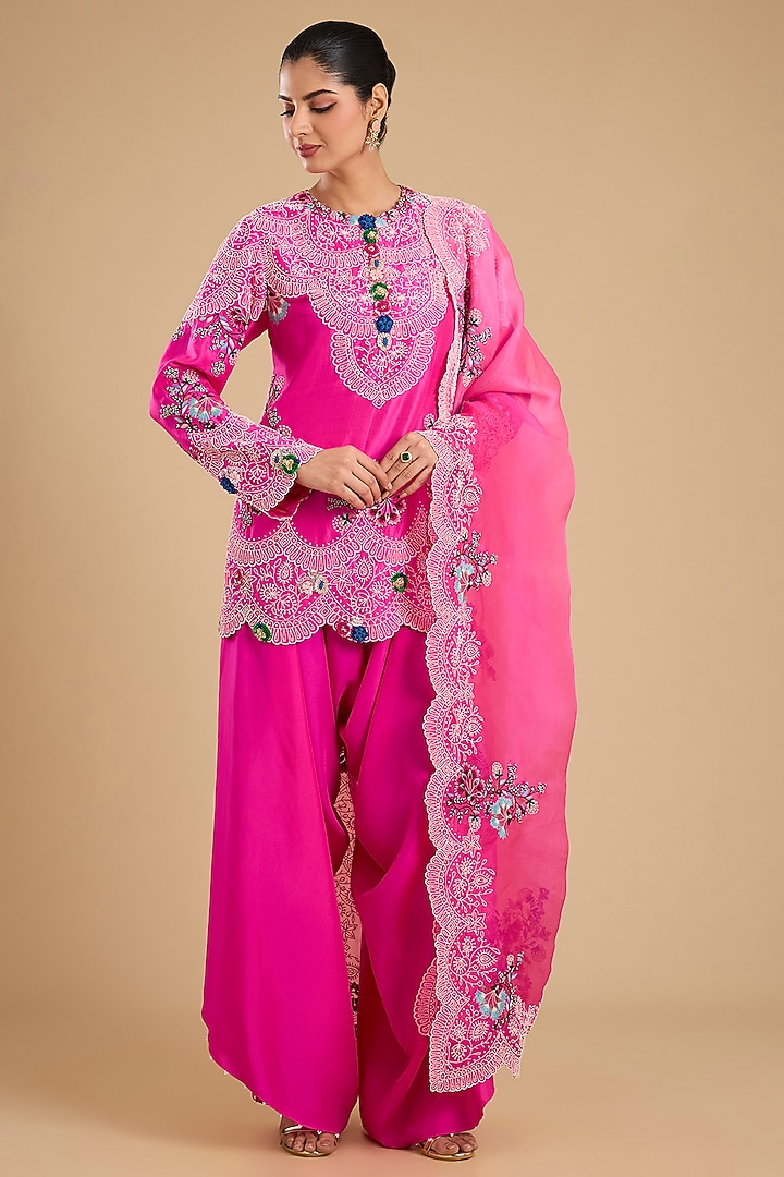Rani Pink Dupion Pearl Work Short Kurta Set by Minaxi Dadoo at Pernia's Pop Up Shop
