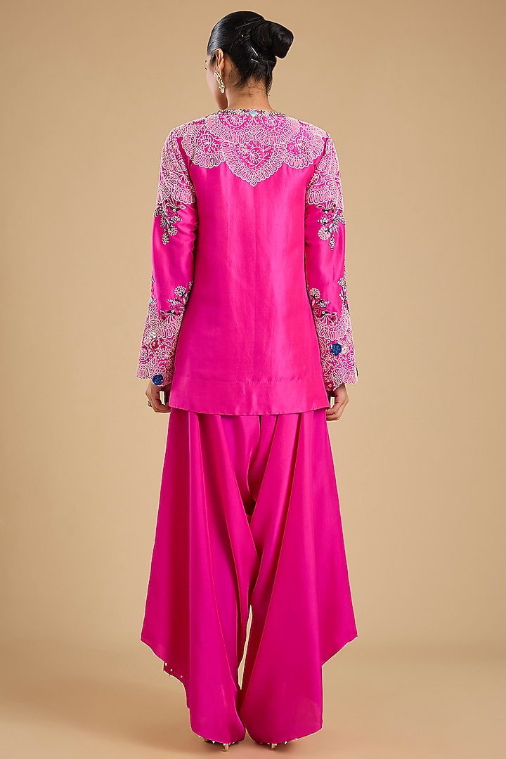 Rani Pink Dupion Pearl Work Short Kurta Set by Minaxi Dadoo at Pernia's Pop Up Shop