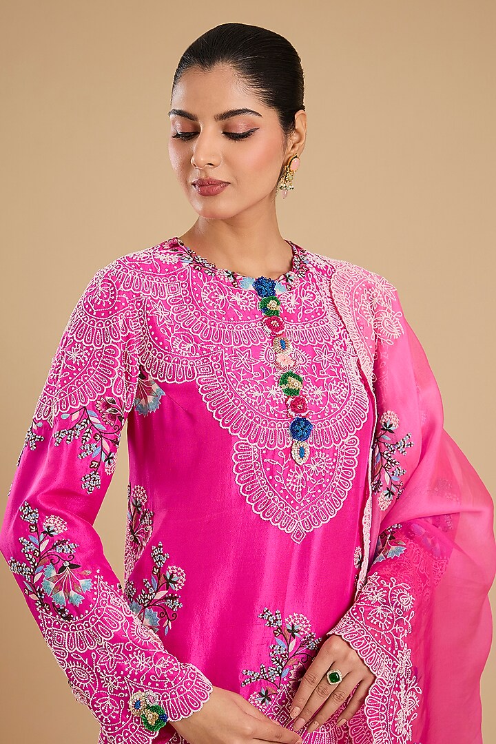 Rani Pink Dupion Pearl Work Short Kurta Set by Minaxi Dadoo at Pernia's Pop Up Shop