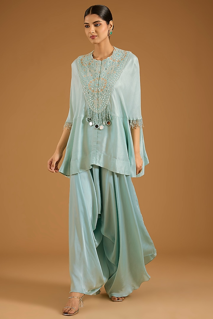 Powder Blue China Dupion Mirror Work Cape Set by Minaxi Dadoo at Pernia's Pop Up Shop