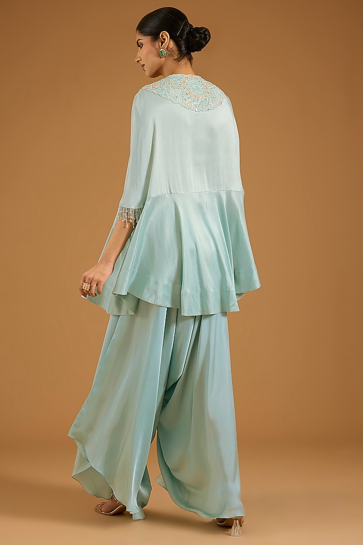 Powder Blue China Dupion Mirror Work Cape Set by Minaxi Dadoo at Pernia's Pop Up Shop
